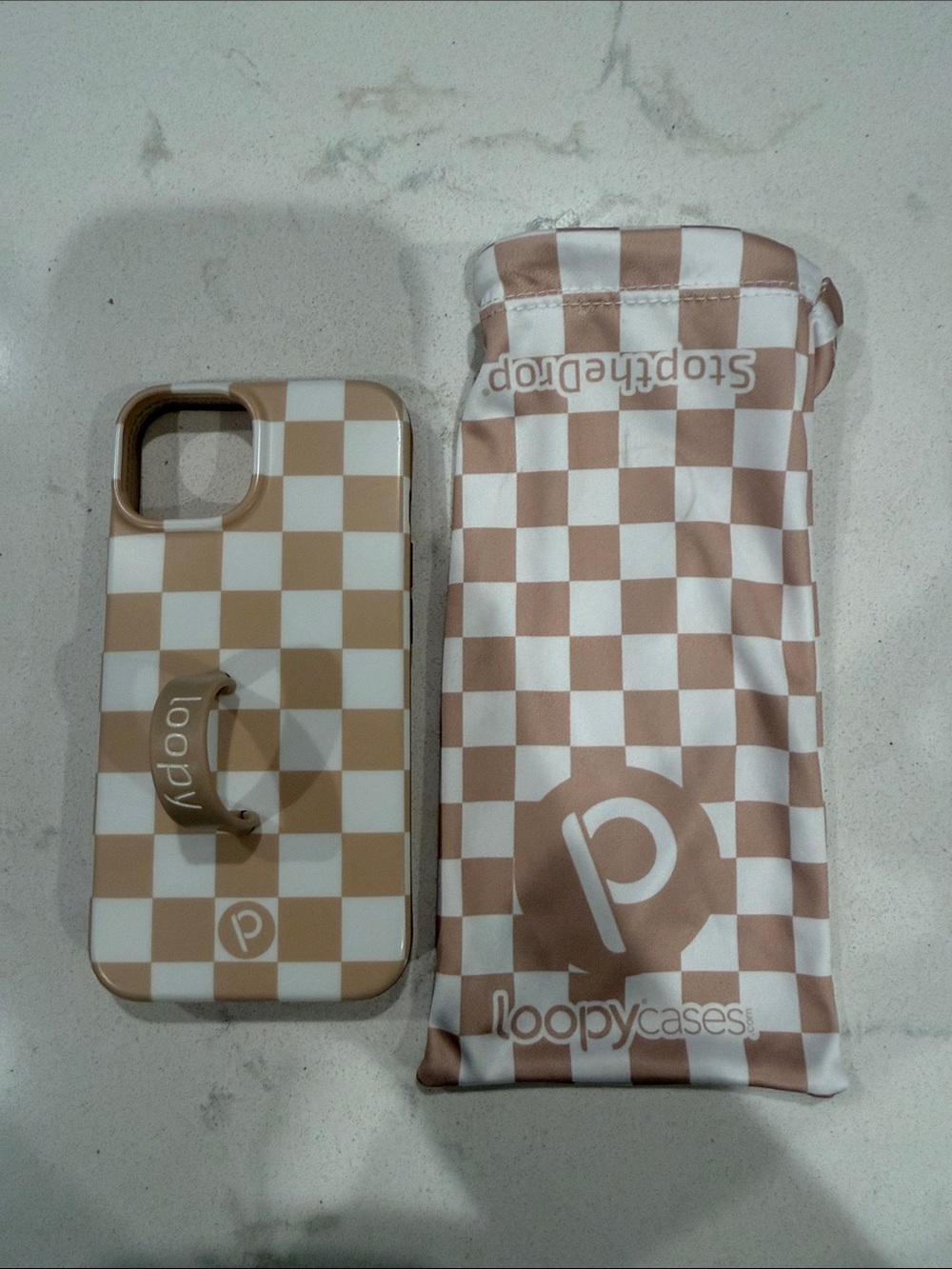 Loopy Case Beige and White Checkerboard iPhone Case with Loop Grip